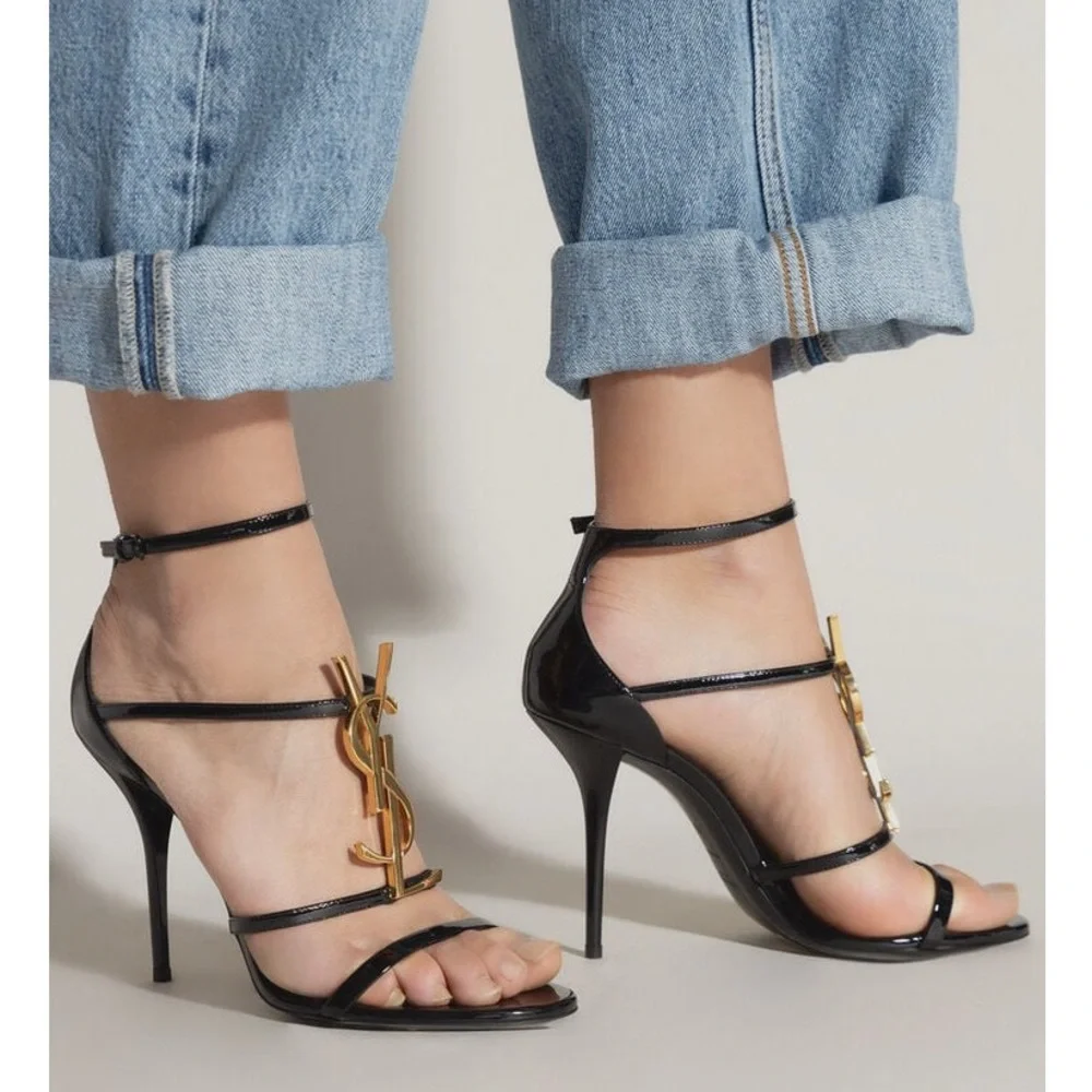 Saint Laurent YSL Cassandra Patent Leather Strappy Sandal Heels Black Gold 36.5 - Picture 2 of 16